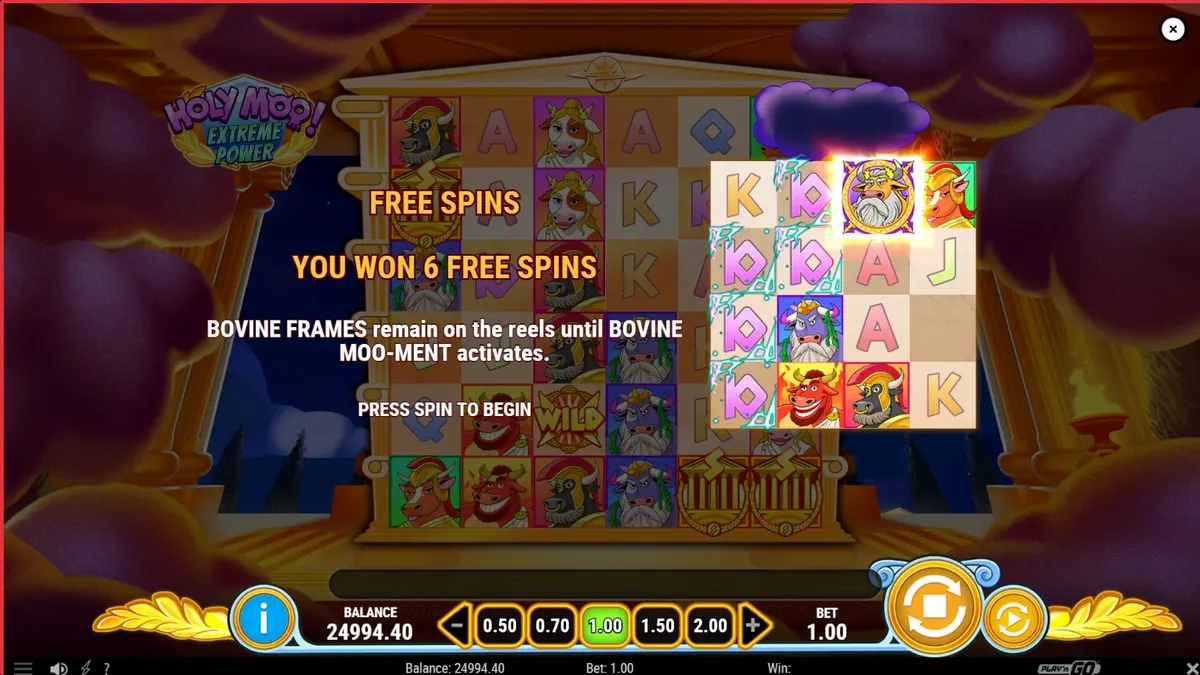 Tampilan visual slot Holy Moo! Extreme Power dengan karakter sapi dewa