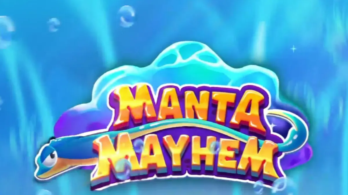 Tampilan visual slot Manta Mayhem dengan latar belakang terumbu karang yang cerah dan simbol makhluk laut.