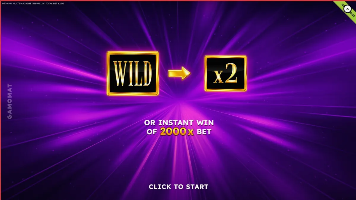 Tampilan visual mesin slot Multi Machine dengan simbol buah klasik dan aksen violet.