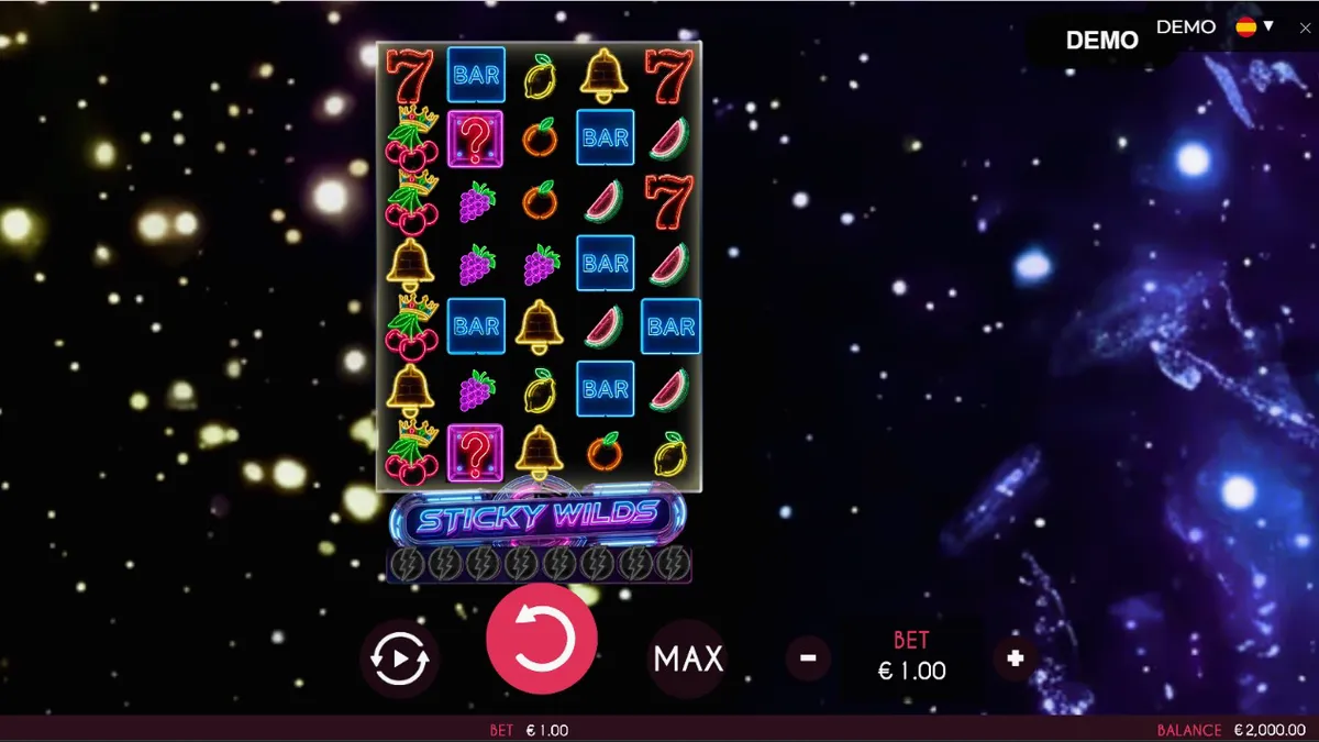 Tampilan visual neon retro pada layar permainan slot Turbo Fortune Cherryways