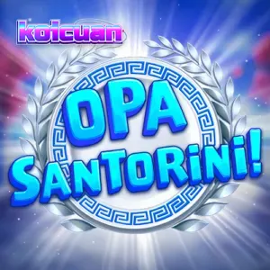 Tampilan visual slot Opa Santorini dengan latar belakang pemandangan ikonik Santorini.
